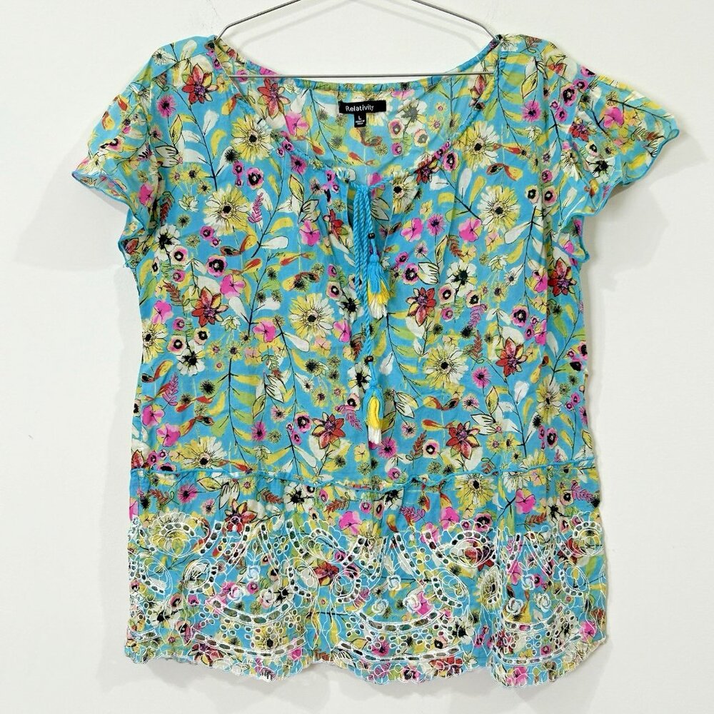 RELATIVITY Boho Peasant Blouse L Blue Floral Cotton Flutter Sleeve Tie Neck Top